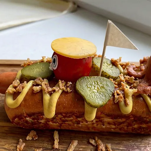 Nahaufnahme der Pickle Dog Nautino Hot-Dog-Bootsfigur mit Tomaten-Matrose FOODMONSTA, Käsescheiben-Hut, Gurkenscheiben und Röstzwiebeln