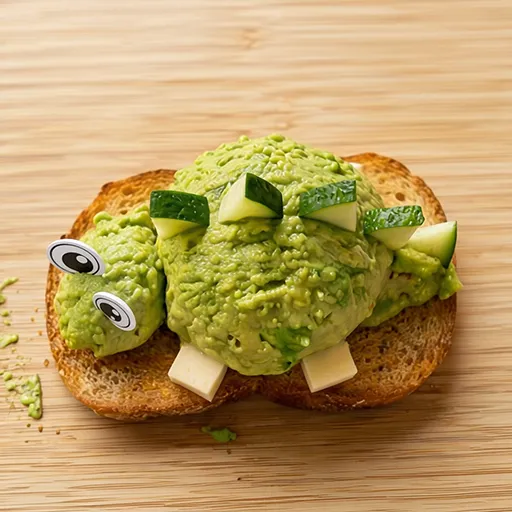 Avocado-Schildkröte FOODMONSTA auf Toastbrot, Gurken- und Apfelstückchen als stacheliger Panzer, FOODMONSTAS Wafer Eyes, Käsewürfel als Füße