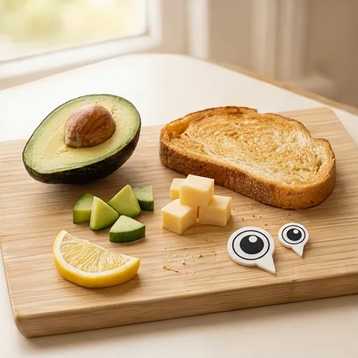 Zutaten für den Avocado-Dino aufgereiht: halbe Avocado, Toastscheibe, Gurkenwürfel, Käsewürfel, Zitronenspalte und FOODMONSTAS Wafer Eyes
