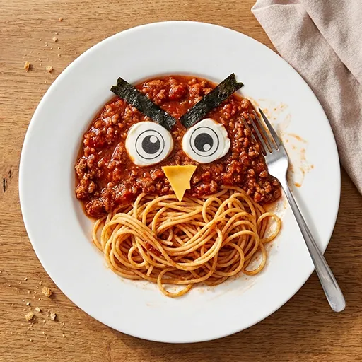 Bolo Rage Bird: an angry bird face made from a bolognese sauce mound on a spaghetti nest, with nori seaweed triangle eyebrows, egg-white googly eyes and a cheese-triangle beak