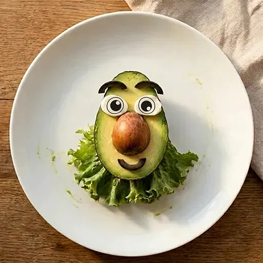 Grumpy-Avocado-FOODMONSTA-Gesicht auf einem Teller mit geschlossenem, geschwungenem Oliven-Mund, Avocadokern-Nase und FOODMONSTAS Wafer Eyes, auf Salatbett