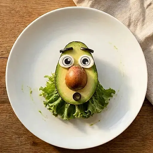 Grumpy-Avocado-FOODMONSTA-Gesicht auf einem Teller mit überraschtem rundem Oliven-Mund, Avocadokern-Nase und FOODMONSTAS Wafer Eyes, auf Salatbett