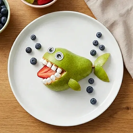 Pear Monster Trio: a pear shaped like a whale with FOODMONSTAS Wafer Eyes, marshmallow teeth, a strawberry-slice mouth and blueberries as bubbles, on a plate