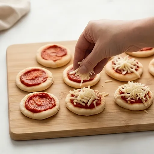 A hand adding shredded cheese to mini pizza bases with tomato sauce, before wrapping them as mummy bites