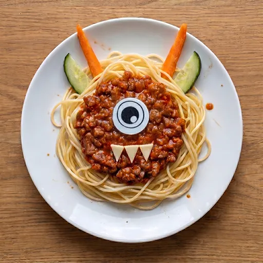 Bolo Spaghettino Bolognese-Monstergesicht auf Spaghetti-Nest, Nahansicht der Karotten-Hörner, Gurken-Ohren, FOODMONSTAS Wafer Eyes und Käse-Zähne