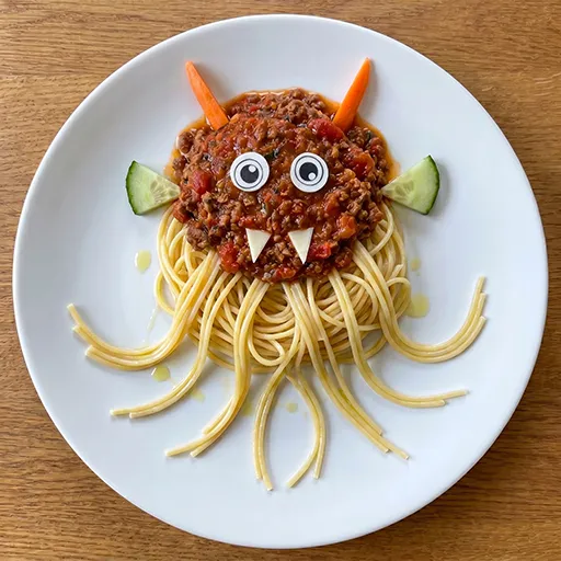 Bolo Spaghettino Monster mit langen Spaghetti-Strähnen, die wie Tentakel über den Tellerrand hängen, mit Karotten-Hörnern und FOODMONSTAS Wafer Eyes