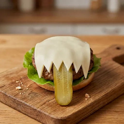 Close-up of the Snap Jaw Burger with a white cheese slice draped over the patty like jagged fangs and a pickle spear hanging out like a tongue