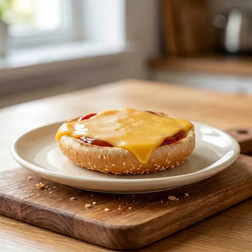 Plain toasted burger bun half topped with melted cheese and ketchup, before assembling the Snap Jaw Burger