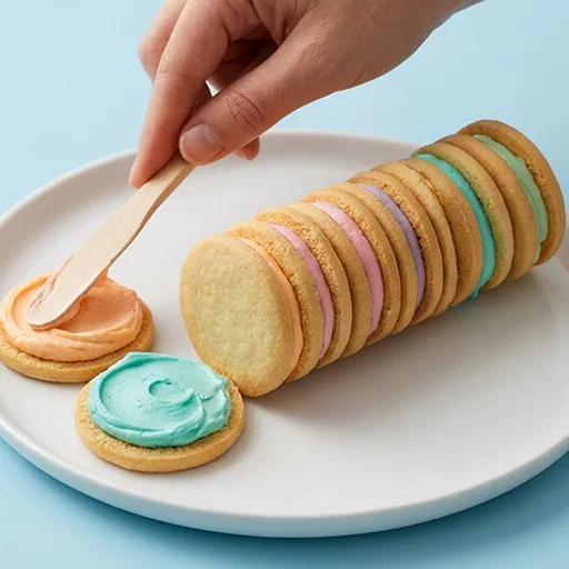 A hand spreading pastel-colored frosting between cookie layers to build the MacaCreep caterpillar body
