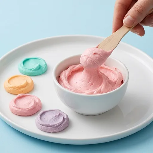 Small bowls of mint, orange, pink and purple frosting, with pink frosting being mixed in a bowl for the MacaCreep cookies