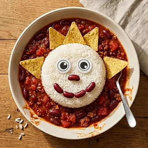 The Fun Chili: a bowl of chili con carne with a rice sun face, tortilla-chip ray crown, googly eyes and kidney-bean mouth and nose