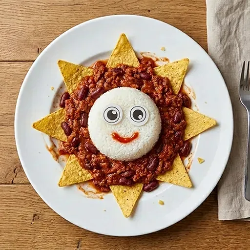 The Fun Chili bowl with a full sunburst of tortilla-chip triangle rays around a smiling rice face on top of the chili