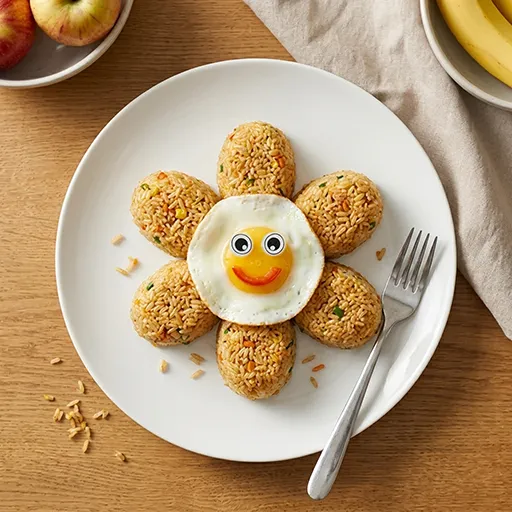Sizzling Egg Bowl arranged as a flower: fried rice petals around a smiling fried-egg center