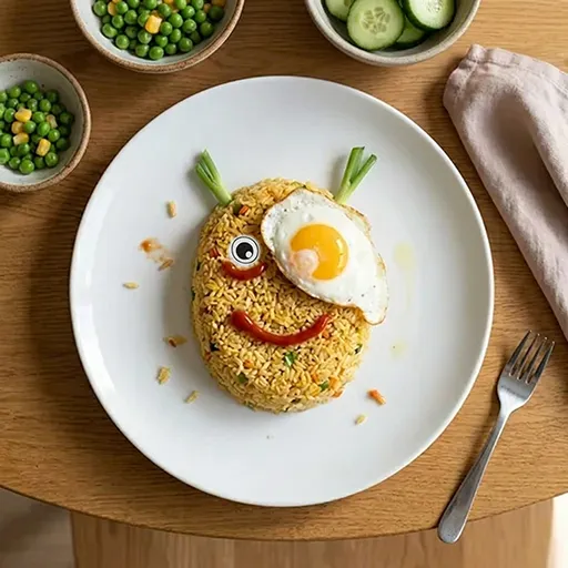 Sizzling Egg Bowl monster with one googly eye, a fried egg tilted like a wing, green onion horns and a ketchup smile