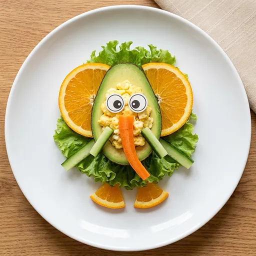 Avocado-Elefant FOODMONSTA mit Orangenscheiben als Ohren, Rührei-Gesicht, FOODMONSTAS Wafer Eyes, Karotten-Rüssel und Orangenspalten als Füße, auf Salatbett angerichtet