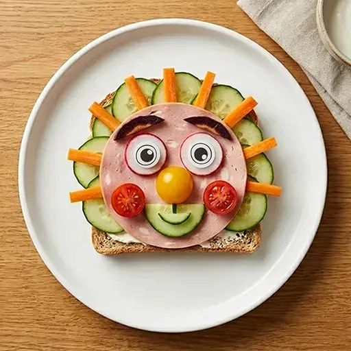 Curly Toast Monster with a mortadella face, googly eyes, a cheese-slice nose, a cucumber-slice smile and sun-ray hair made from cucumber and carrot strips
