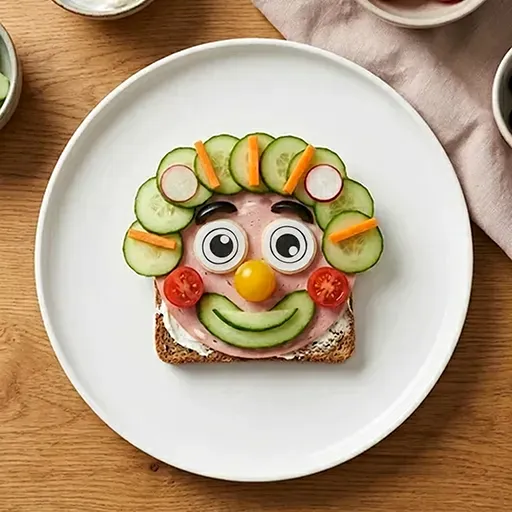Close-up variant of the Curly Toast Monster with cream cheese base, googly eyes, cherry tomato smile and curly cucumber, carrot and radish hair