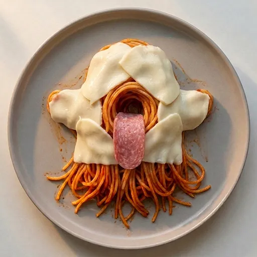 Spaghettini ghost bake with folded cheese slices forming rounded ghost arms and a salami tongue rolled in the center
