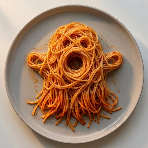 Plain baked spaghetti nest shaped like a ghost silhouette, before adding the cheese and face details