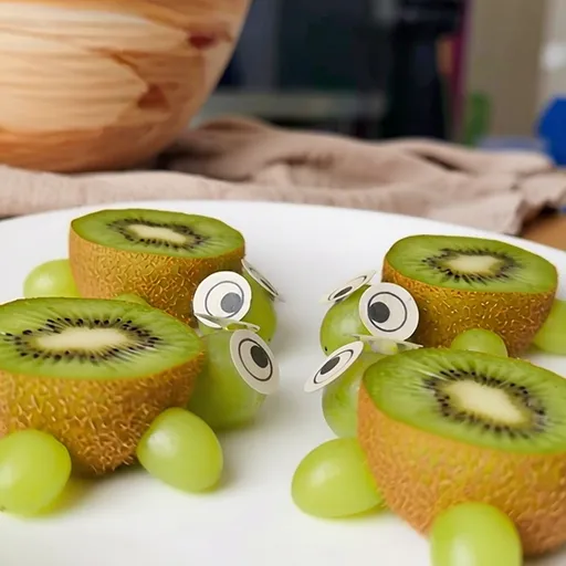 Nahaufnahme von zwei Kiwi-Schildkröten mit Weintrauben-Köpfen, -Beinen und Esspapieraugen