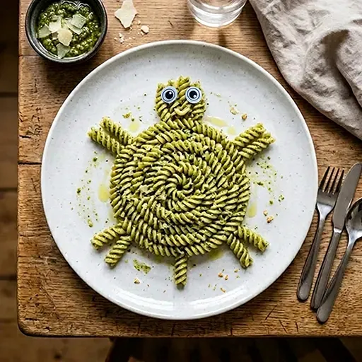 Pesto Animals turtle: pesto fusilli pasta shaped into a spiral shell with pasta legs and head, and googly eyes