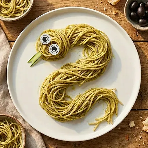 Pesto Animals snake: curled pesto spaghetti with googly eyes and a green onion tongue