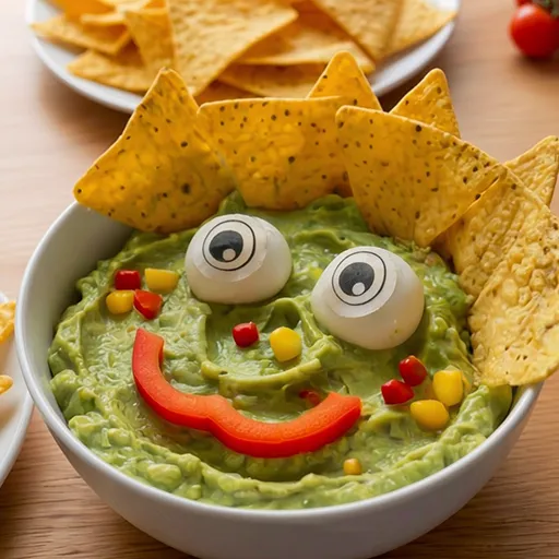 Close-up of the Gucki Guacamole FOODMONSTA face in a bowl, tortilla chip hair, large FOODMONSTAS Wafer Eyes and a red pepper smile with corn confetti