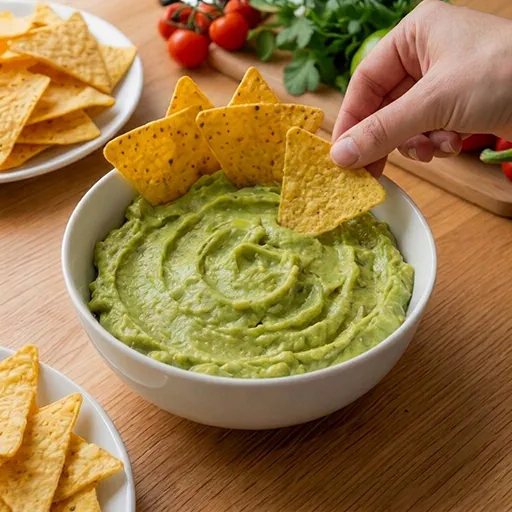 A hand dipping a tortilla chip into a bowl of smooth guacamole, served with extra chips and fresh vegetables