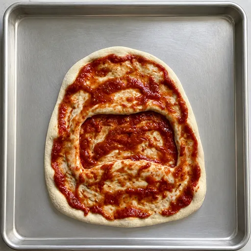 Shark-shaped pizza dough topped with tomato sauce and an open mouth shape, before adding cheese and toppings for Grumpy Shark Pizza