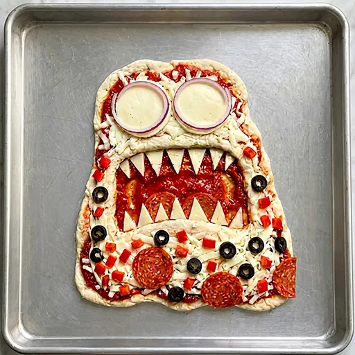 Grumpy Shark Pizza mid-assembly with red onion ring eyes, cheese triangle teeth, olives, pepperoni and bell pepper, before baking