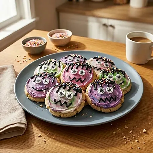 Ein Teller mit FOODMONSTAS Butter Cookies Monstergesichtern auf einem Küchentisch mit Kaffeetasse und Schälchen mit Streuseln