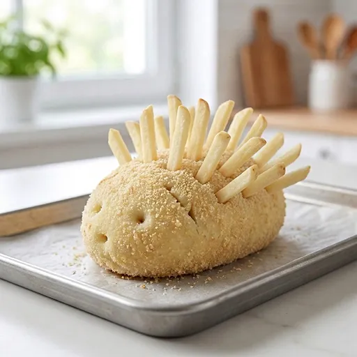 Pommy Prickle hedgehog shape mid-preparation, breaded and topped with french fry spikes, before adding the face details
