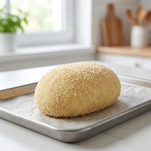 Plain breaded oval croquette shape on a baking tray, the earliest preparation step for Pommy Prickle