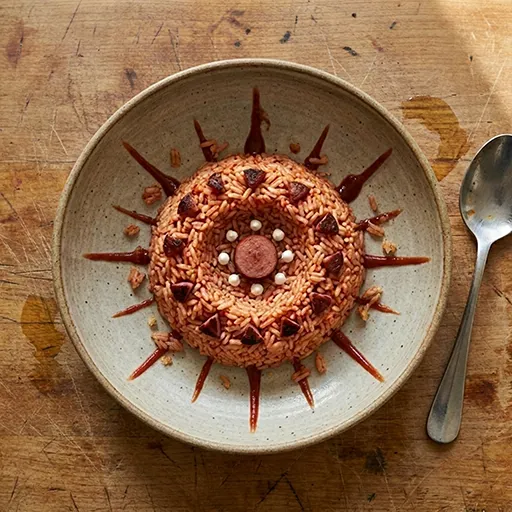 Tomato Lava Bowl als Sonne gestylt mit dunklen Chorizo-Strahlenspitzen am Rand, Oliven- und Bohnen-Punkten und perlenartiger Mitte