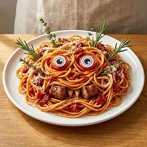 Salsiccia Spaghetti Beast mit zwei Esspapieraugen auf dem Soßen-Hügel, Wurststücken und Kräuterzweigen rund um das Spaghetti-Nest angerichtet