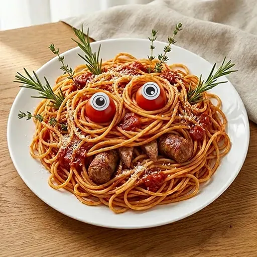 Salsiccia Spaghetti Beast mit zwei Kirschtomaten-Augen mit aufgeklebten Esspapieraugen, Wurststücken und Kräuterzweigen auf einem Spaghetti-Nest