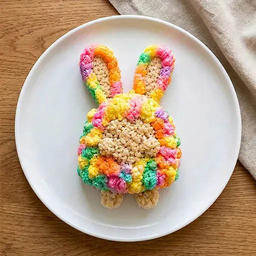 Alternate view of the Poppy Bunny FOODMONSTA rainbow rice krispie treat with FOODMONSTAS Wafer Eyes and marshmallow teeth, on a plate