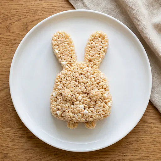 Plain, undyed bunny-shaped rice krispie treat before adding the rainbow food coloring for Poppy Bunny