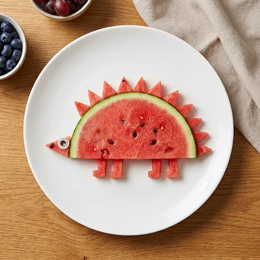 Watermelon Monstas hedgehog: a half-moon watermelon slice with triangular watermelon-rind spikes, thin rind legs and a googly eye