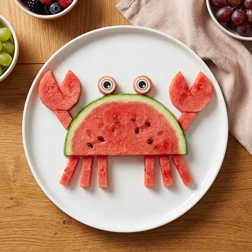 Watermelon Monstas crab: watermelon claws and legs cut from the rind, with googly eyes on sticks