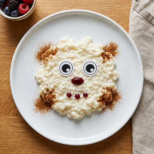 Nahaufnahme des Milky Rice Monsta Bärengesichts mit zimtbestäubten Ohren, Beeren-Konfitüre-Augen und kleinem Konfitüre-Punkt-Mund