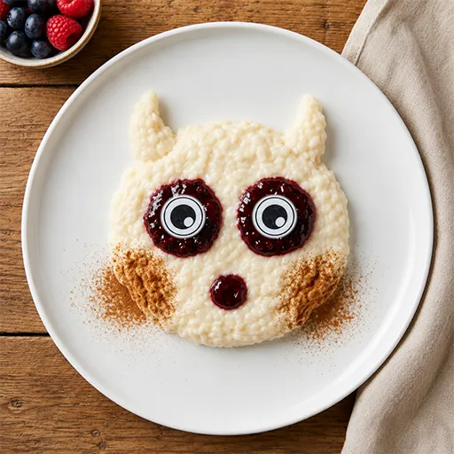 Milky Rice Monsta als Eule oder Katze gestylt mit spitzen zimtbestäubten Ohren, großen Beeren-Konfitüre-Augen und kleinem Konfitüre-Punkt-Nase