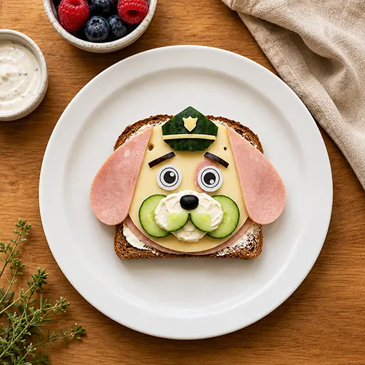 Woof Officers: ein Hundegesicht-Sandwich mit Schinken-Ohren, Gurkenscheiben-Polizeimütze, Esspapieraugen, Oliven-Nase und Frischkäse-Schnauze