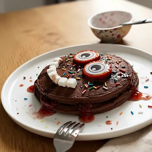 Seitenansicht des Chocolate Monster Pancakes Stapels mit Erdbeerscheiben-Esspapieraugen, Marshmallow-Zähnen und an den Seiten herablaufender Erdbeersoße