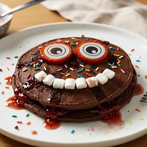 Nahaufnahme des Chocolate Monster Pancakes Gesichts mit Erdbeerscheiben-Esspapieraugen, Marshmallow-Zähnen und bunten Streuseln