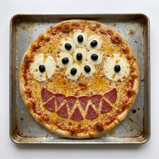 Googly Pizza Monster Gesicht: oben gebündelte Mozzarella-Oliven-Augen und ein Lächeln aus Salami-Dreiecken über die Pizza verteilt