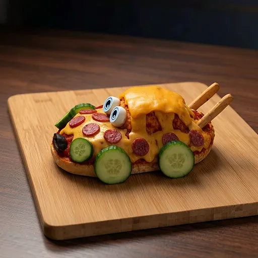 Pizzollino pizza car on a wooden board in moody lighting, showing the cucumber wheels, breadstick antennae and cheese-draped hood