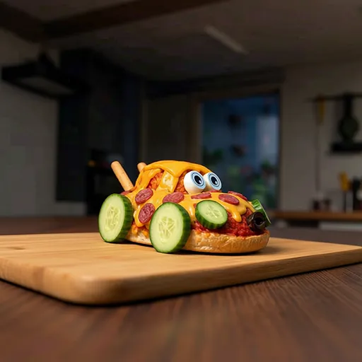 Low-angle close-up of the Pizzollino pizza car with FOODMONSTAS Wafer Eyes, pepperoni details and cucumber wheels against a dark background
