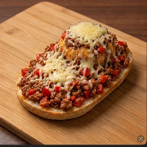 Oval flatbread topped with minced meat, diced red pepper and melted cheese, the base for Pizzollino before shaping into a car