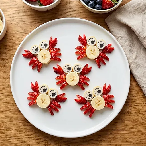 Fünf Strawberry-Banana Beauties Krabben mit Erdbeerscheiben-Scheren und -Beinen, Bananenscheiben-Körpern und Esspapieraugen, auf einem Teller